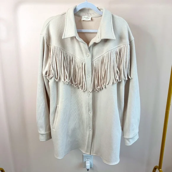 ALLIE ROSE WOMENS LONG SLEEVE CORDUROY SOFT SHACKET WITH FRINGE CREAM SZ M, - Picture 1 of 10
